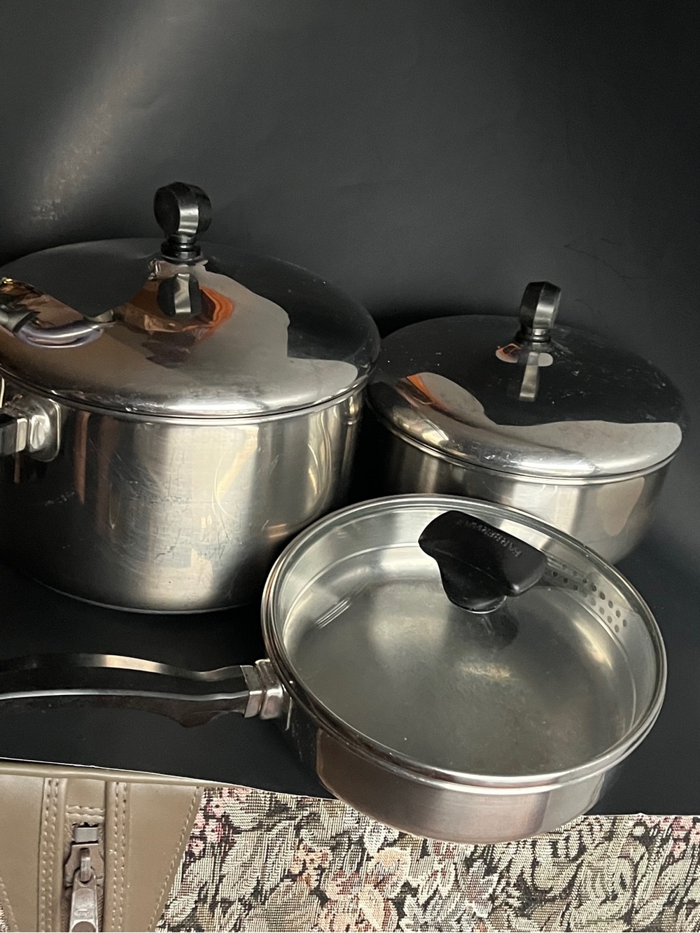 Vintage Farberware Stainless Pots Set 1, 1.5, 3 Qt w/Lids USA MCM Aluminum Clad